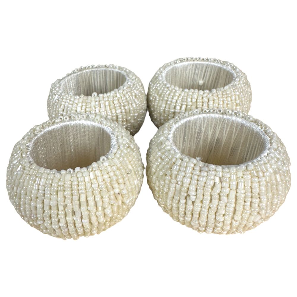 Cost Plus White Cream Beaded Napkin Rings Set of 4